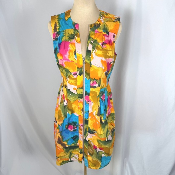 Nanette Lepore Dresses & Skirts - Nanette Lepore Bright Watercolor Zip Front Cotton Dress Size 4 Pockets EUC
